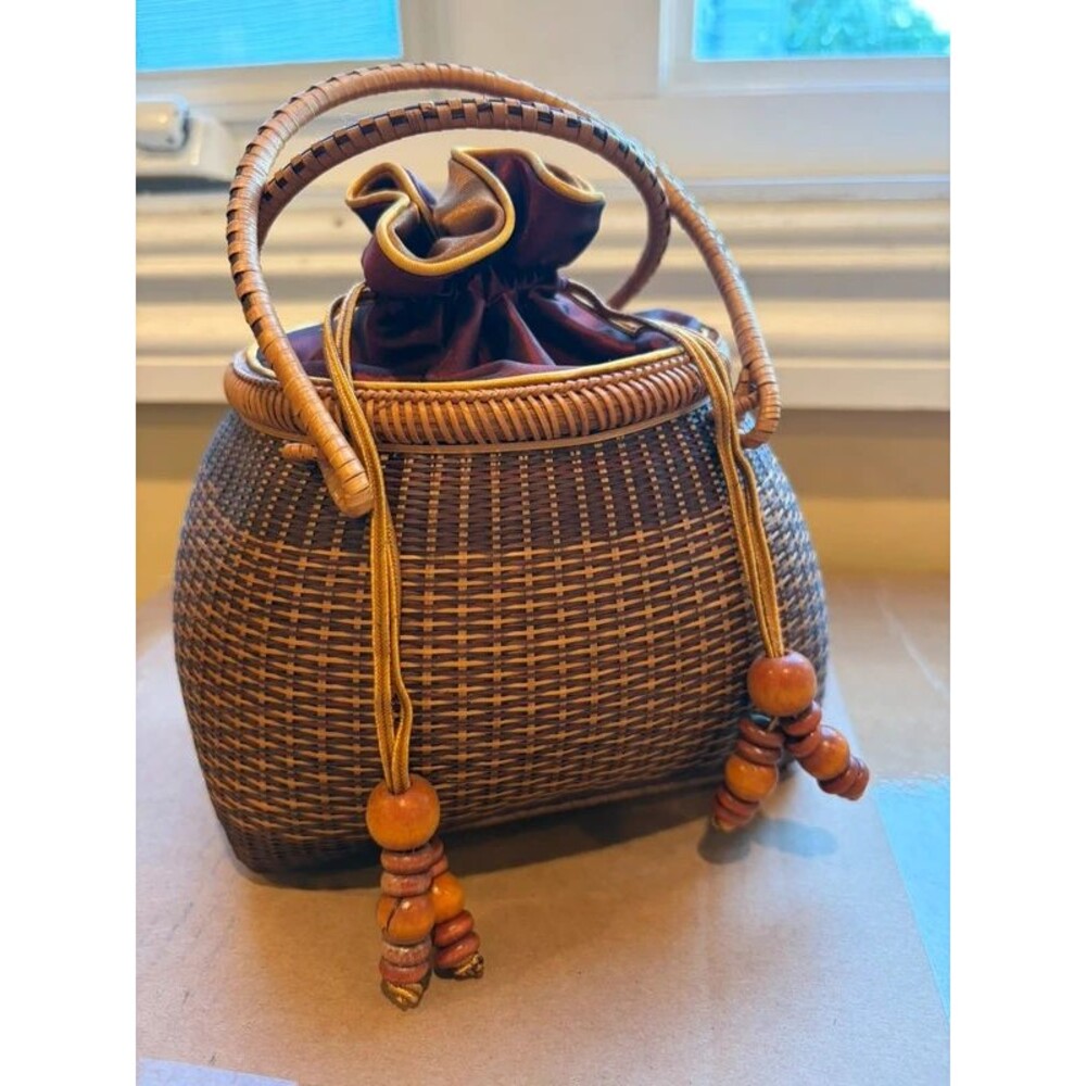 Vintage Woven Bamboo Basket Purse Drawstring Boho Wicker Handbag Top Handle Bag